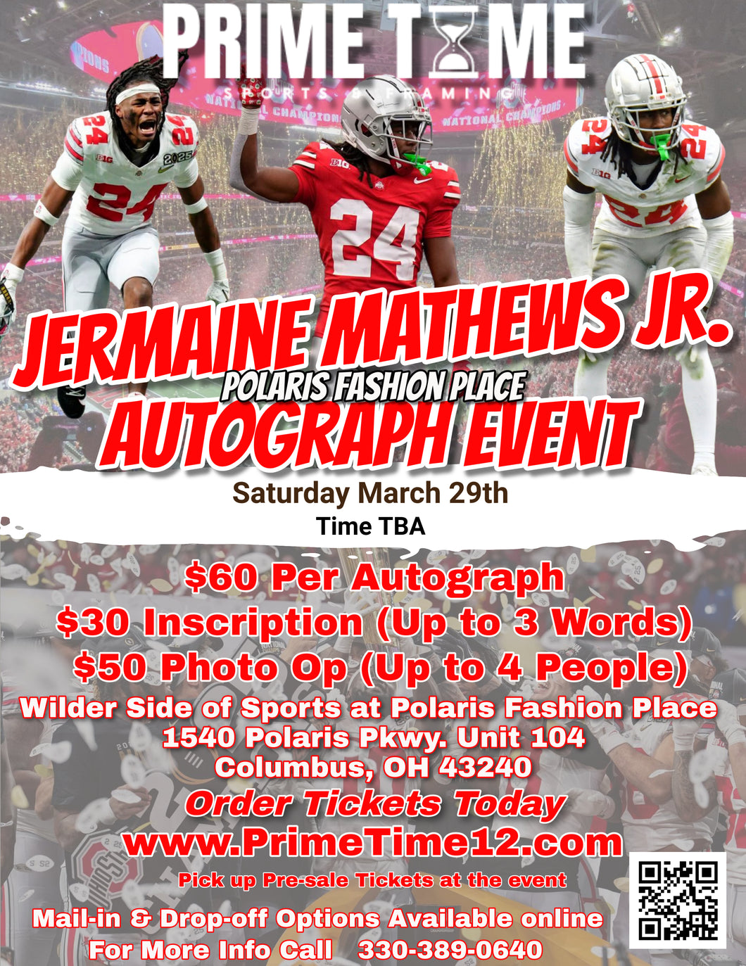 Jermaine Mathews Jr. The Ohio State National Champion CB 3/29/25 at Polaris Fashion Place pre-sale ticket for autograph signing on any 1 item