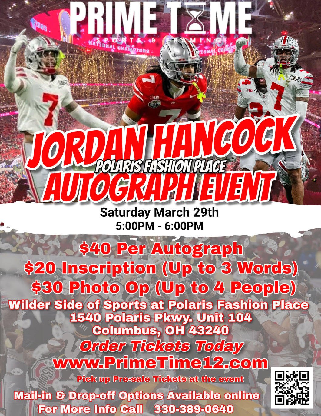 Jordan Hancock The Ohio State National Champion CB 3/29/25 at Polaris Fashion Place pre-sale ticket for autograph signing on any 1 item