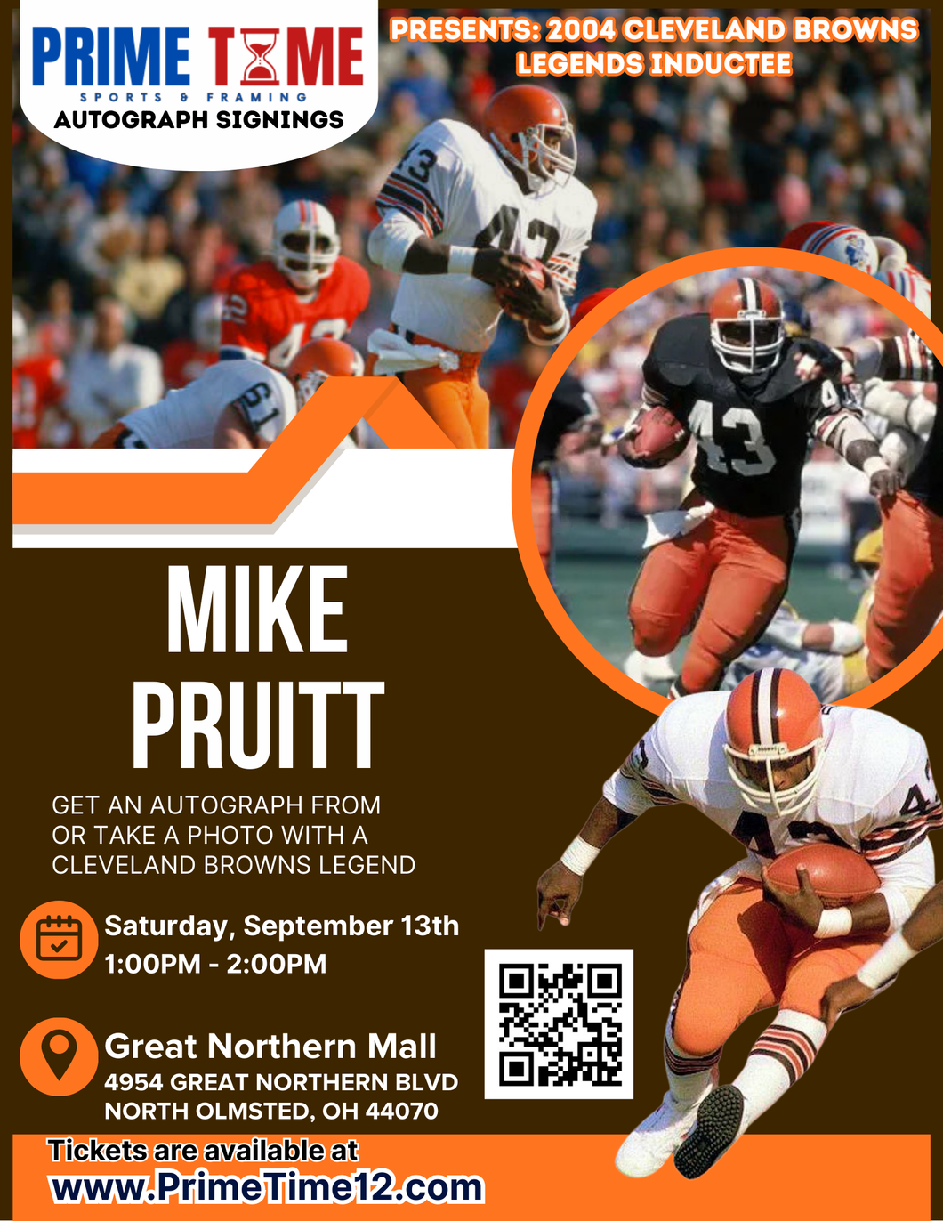 Mike Pruitt 9/13/25 at Great Northern Mall Pre-Sale ticket for TABLE SELFIE PHOTO OP to have your photo taken (up to 4 people at once) with the player