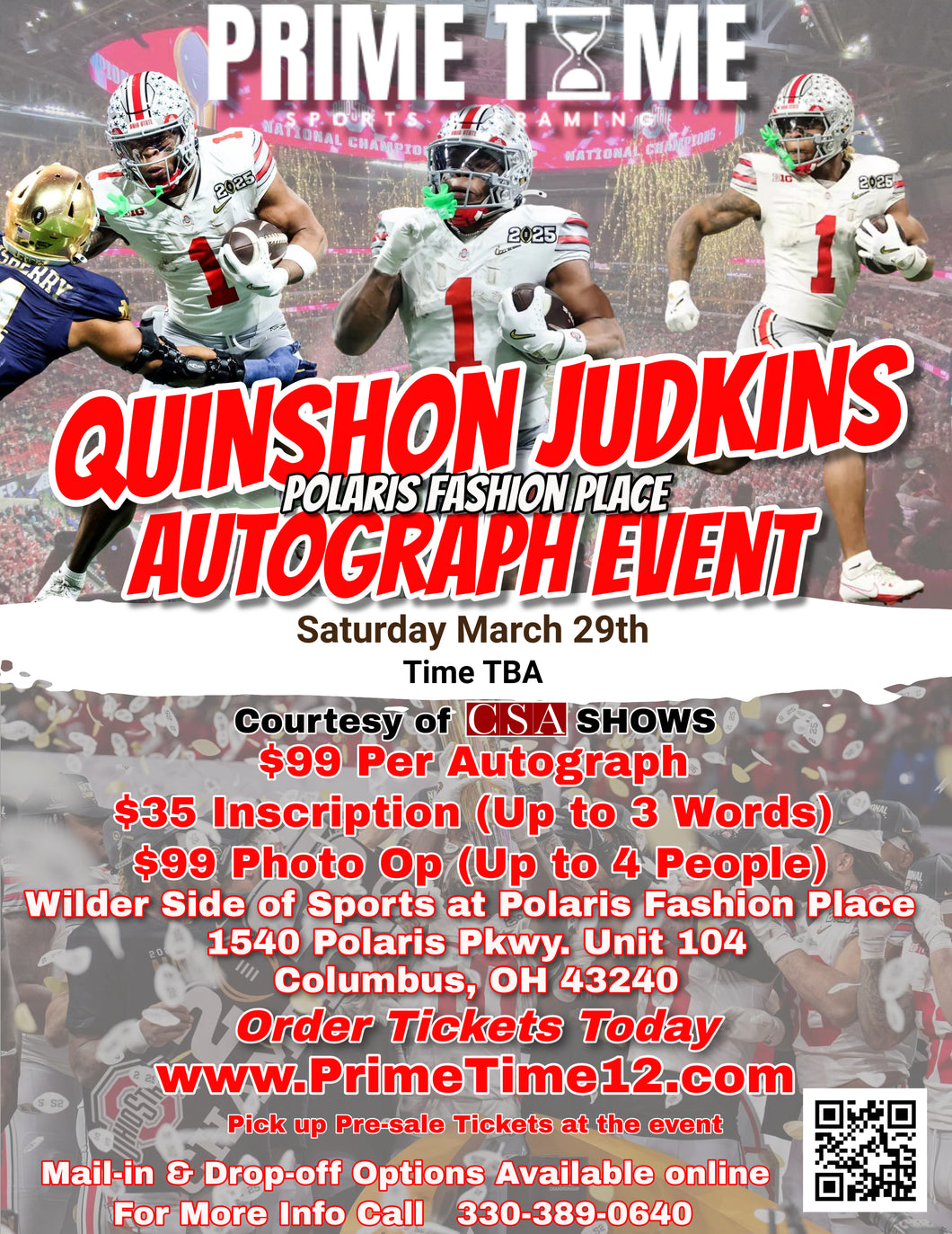 Quinshon Judkins The Ohio State Buckeyes National Champion RB 3/29/25 at Polaris Fashion Place Pre-Sale ticket for PHOTO OP to have your photo taken (up to 4 people at once) with the player