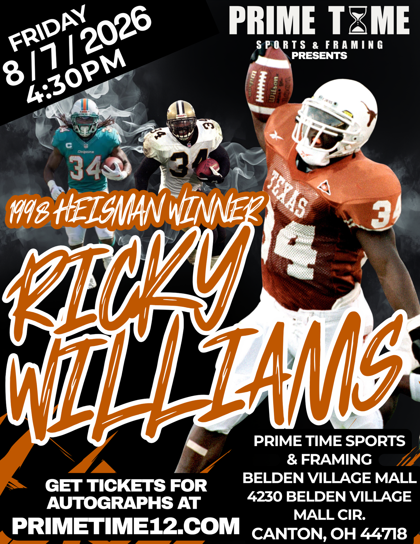 Ricky Williams 8/7/26 at Belden Village Mall Pre-Sale ticket for autograph signing ADD ON INSCRIPTION