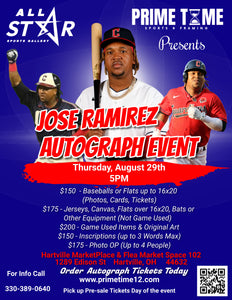 Jose Ramirez Pre-Sale ticket for autograph signing on any 1 Jersey, Canvas, Bobblehead, Funko, Flat item over 16x20, Bat, Helmet, Hat, or Other Equipment (Not Game Used)
