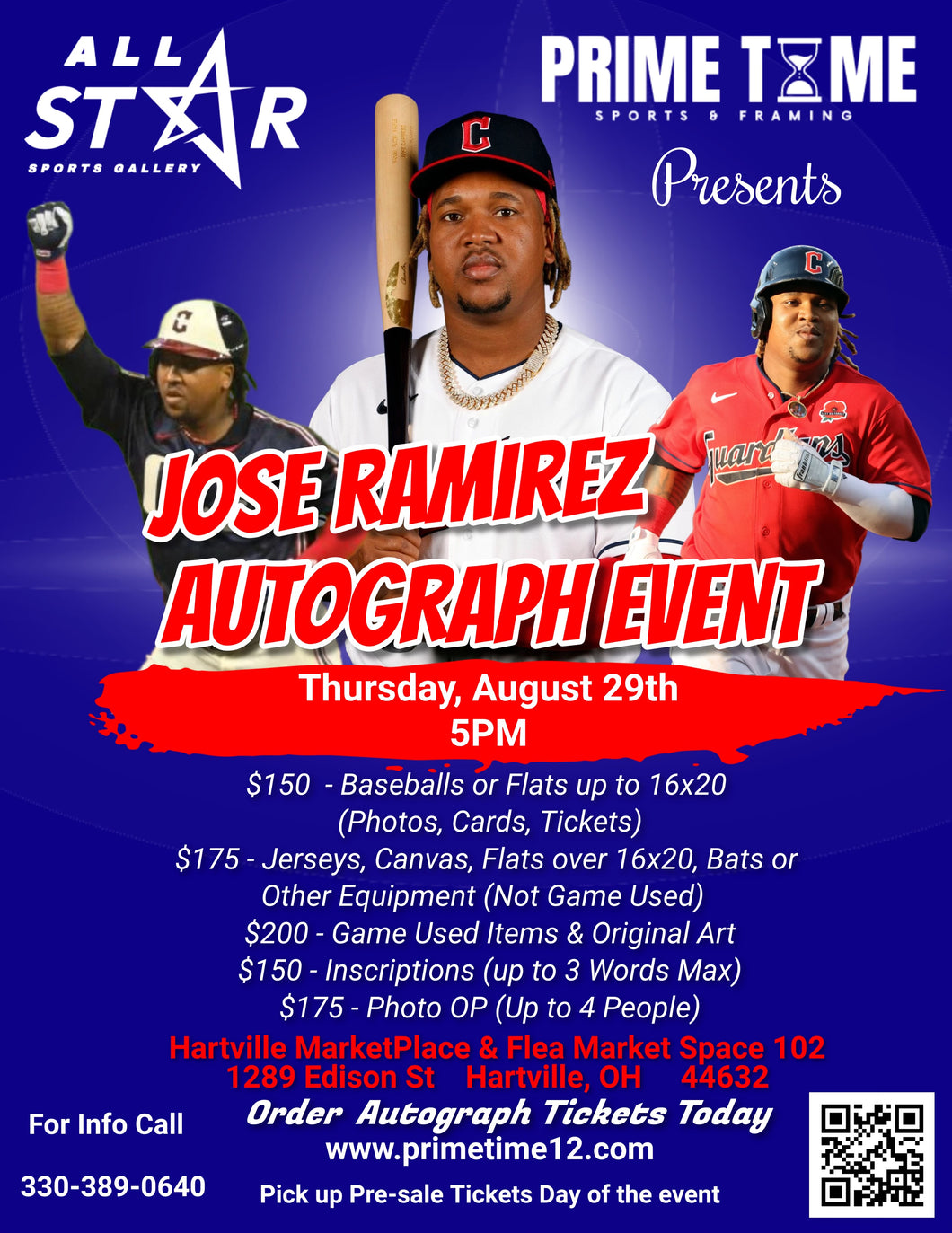 Jose Ramirez Pre-Sale ticket for autograph signing on any 1 Jersey, Canvas, Bobblehead, Funko, Flat item over 16x20, Bat, Helmet, Hat, or Other Equipment (Not Game Used)