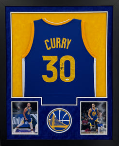 Golden State Warriors Stephen Curry Hand Signed Autographed Custom Blue Jersey Framed & Suede Matted JSA COA