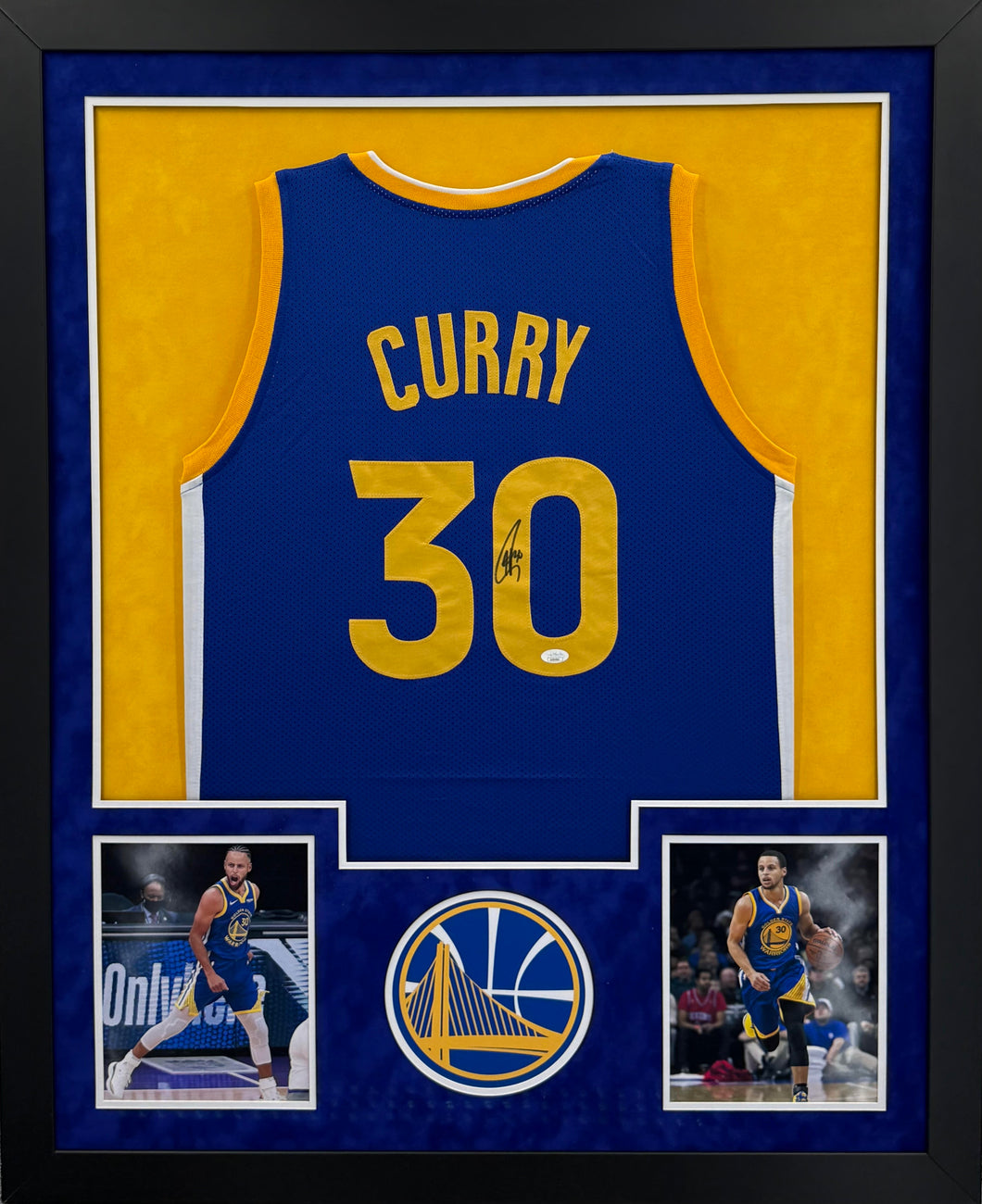 Golden State Warriors Stephen Curry Hand Signed Autographed Custom Blue Jersey Framed & Suede Matted JSA COA