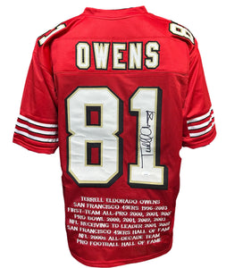 San Francisco 49ers Terrell Owens Hand Signed Autographed Custom Red Career Acheivement Stat Jersey with JSA COA