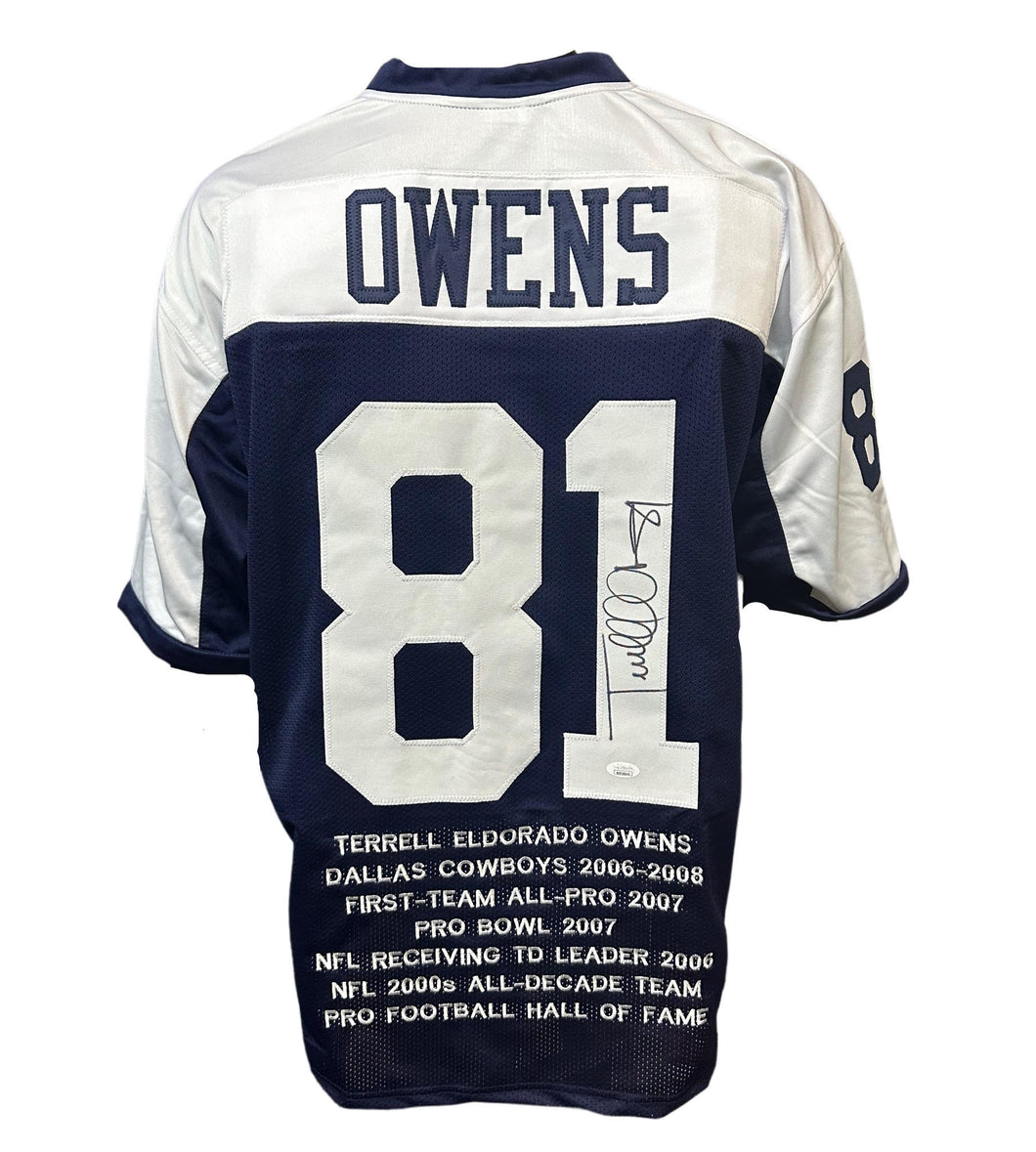 Dallas Cowboys Terrell Owens Hand Signed Autographed Custom Navy Career Achievements Stat Jersey with JSA COA