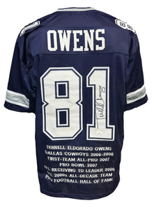 Dallas Cowboys Terrell Owens Hand Signed Autographed Custom Navy Career Achievements Stat Jersey with JSA COA