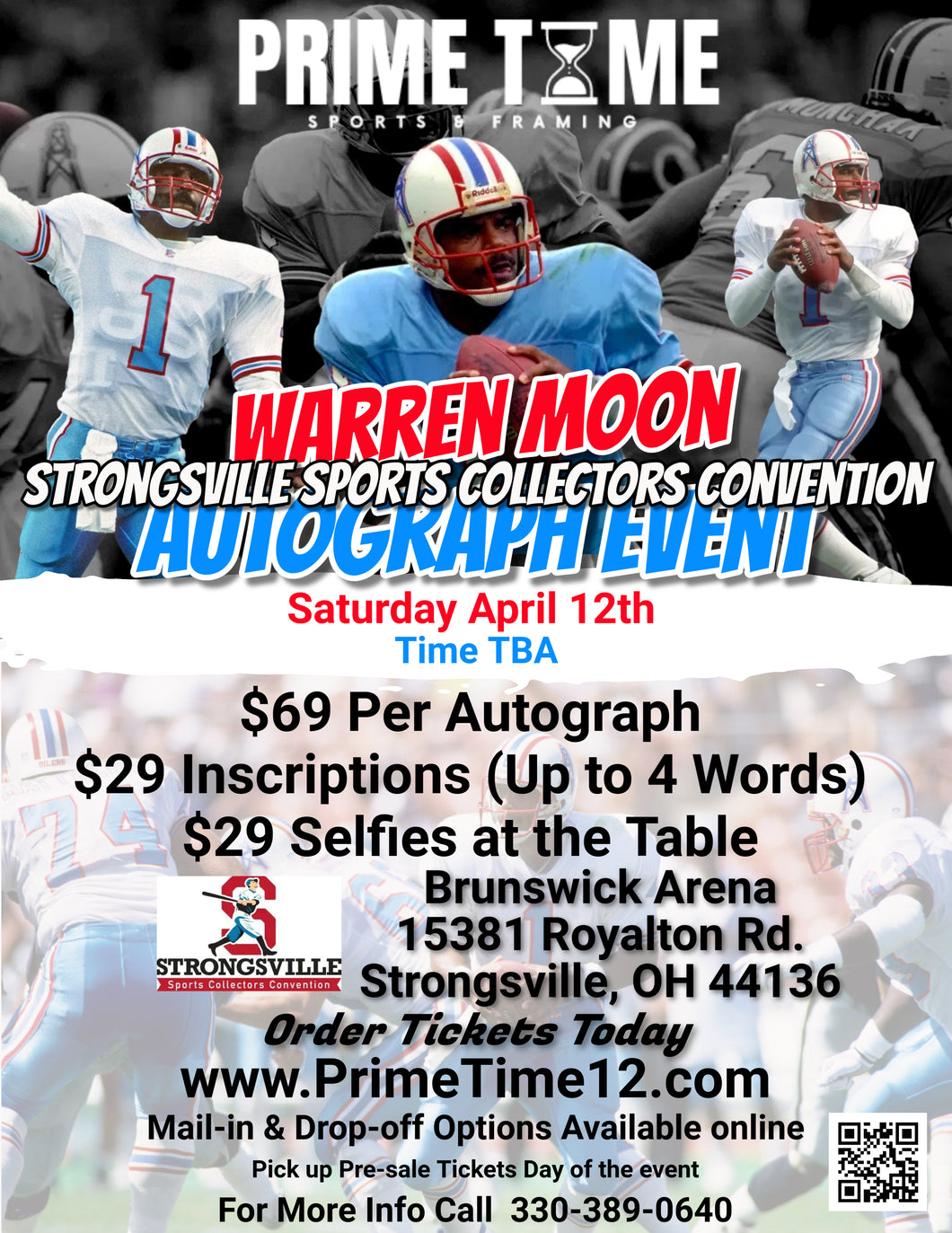 Warren Moon HOF QB 4/12/25 at the Strongsville Sports Collectors Convention Pre-Sale ticket for TABLE SELFIE PHOTO with the player