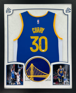 Golden State Warriors Stephen Curry Hand Signed Autographed Authentic Blue Jersey Framed & Double Suede Matted with XL 3D Logo JSA COA