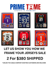 Load image into Gallery viewer, VERTICAL 2 PIC JERSEY FRAMING LET US SHOW YOU HOW WE FRAME SALE (2) OF YOUR JERSEYS FRAMED FOR $380 SHIPPED