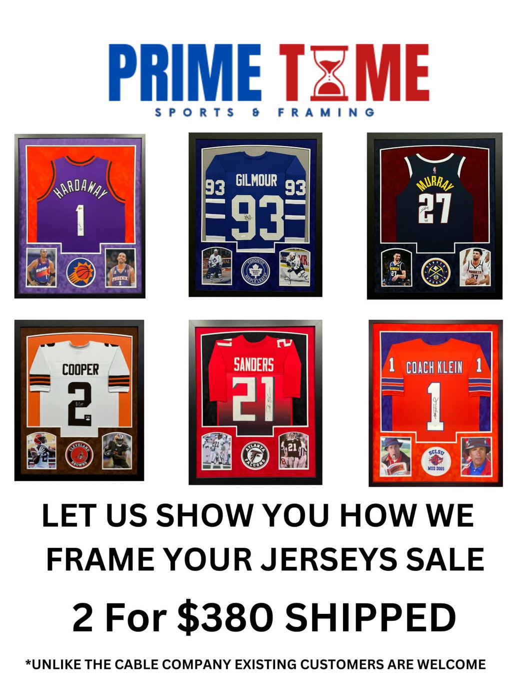 VERTICAL 2 PIC JERSEY FRAMING LET US SHOW YOU HOW WE FRAME SALE (2) OF YOUR JERSEYS FRAMED FOR $380 SHIPPED