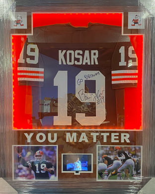 Cleveland Browns Bernie Kosar Jersey with GO BROWNS Inscription Framed & Matted with Custom LED Lighting & Video with COA