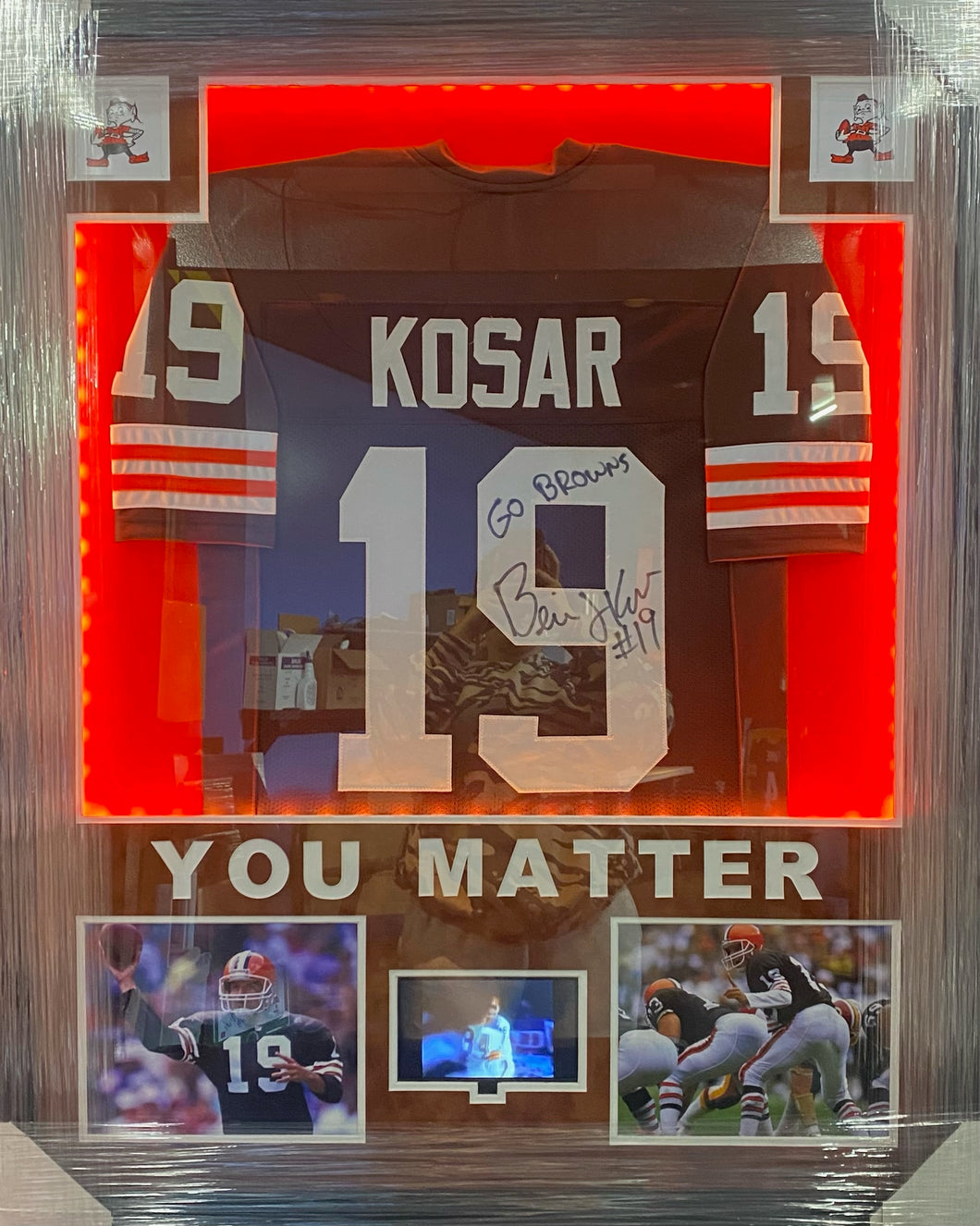 Cleveland Browns Bernie Kosar Signed Jersey with GO BROWNS Inscription Custom Framed & YOU MATTER Suede Matted with LED & VIDEO with COA