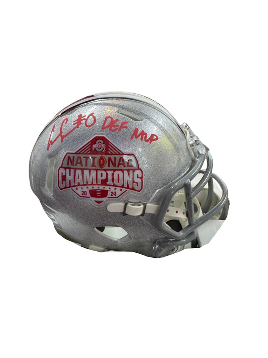 The Ohio State University Buckeyes Cody Simon Hand Signed Autographed 2024 National Champions Mini Helmet Signed in Red with DEF. MVP Inscription includes COA