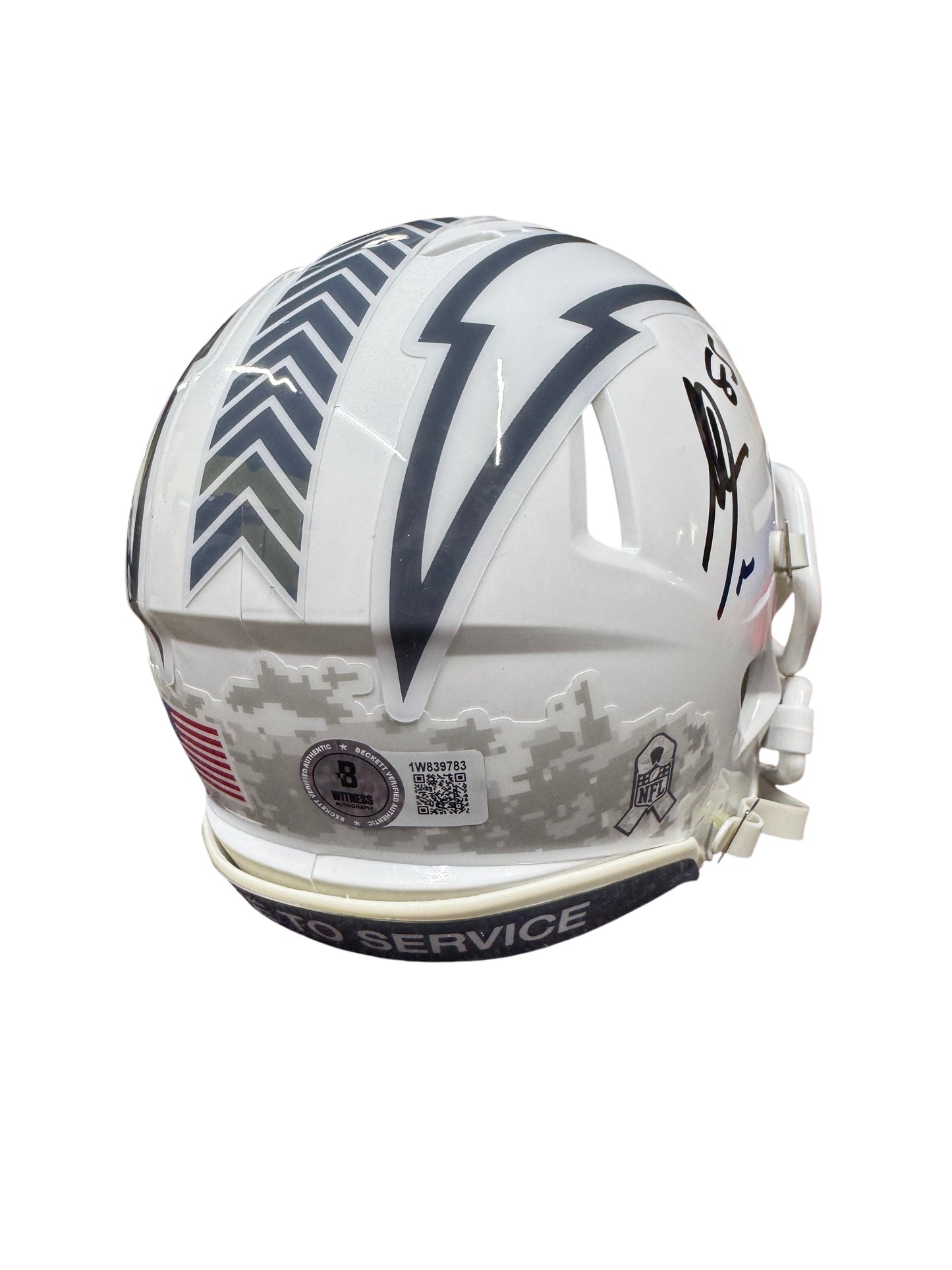 Los Angeles Chargers Antonio Gates Hand Signed Autographed White Salute To Service Mini Helmet Beckett COA
