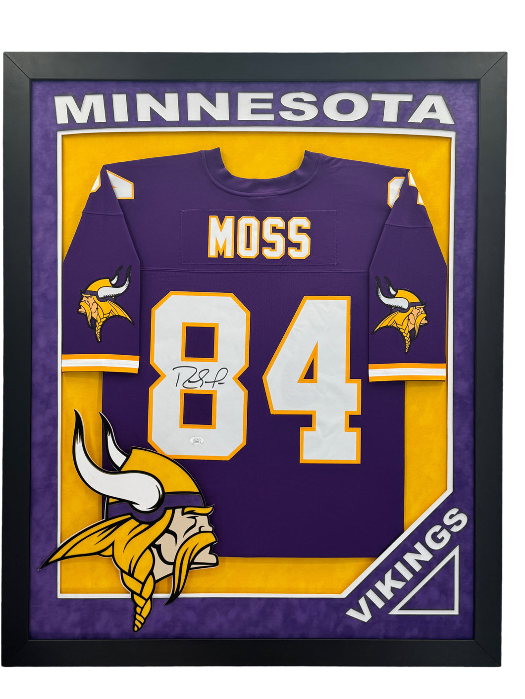 Minnesota Vikings Randy Moss Hand Signed Autographed Custom Purple Jersey Framed and Matted with XL 3D Logo & Team Name Cutout with JSA COA