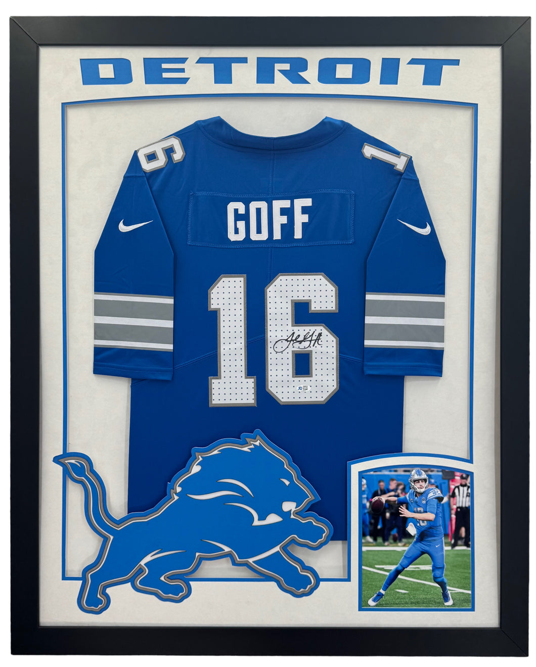 Detroit Lions Jared Goff Hand Signed Autographed Authentic Framed Blue Jersey with XL 3D Logo & Team Name Cutout with 5 STAR COA