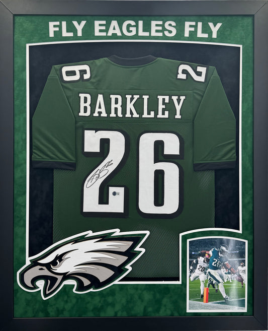 Philadelphia Eagles Saquan Barkley Hand Signed Autographed Custom Green Jersey Framed and Double Suede Matted with XL 3D Logo & Team Name Cutout Beckett COA