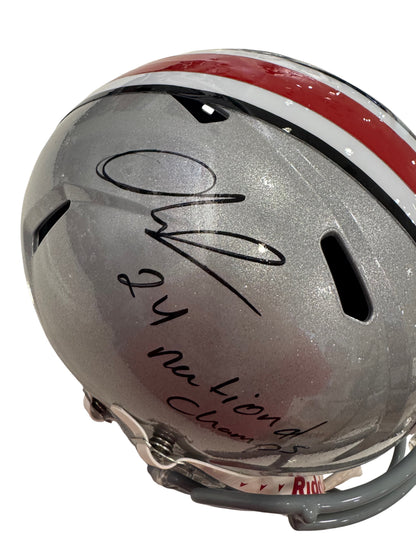 Ohio State Buckeyes Quinshon Judkins Hand Signed Autographed "2024 National Champs" Inscription Full Size Replica Helmet with Swau Coa
