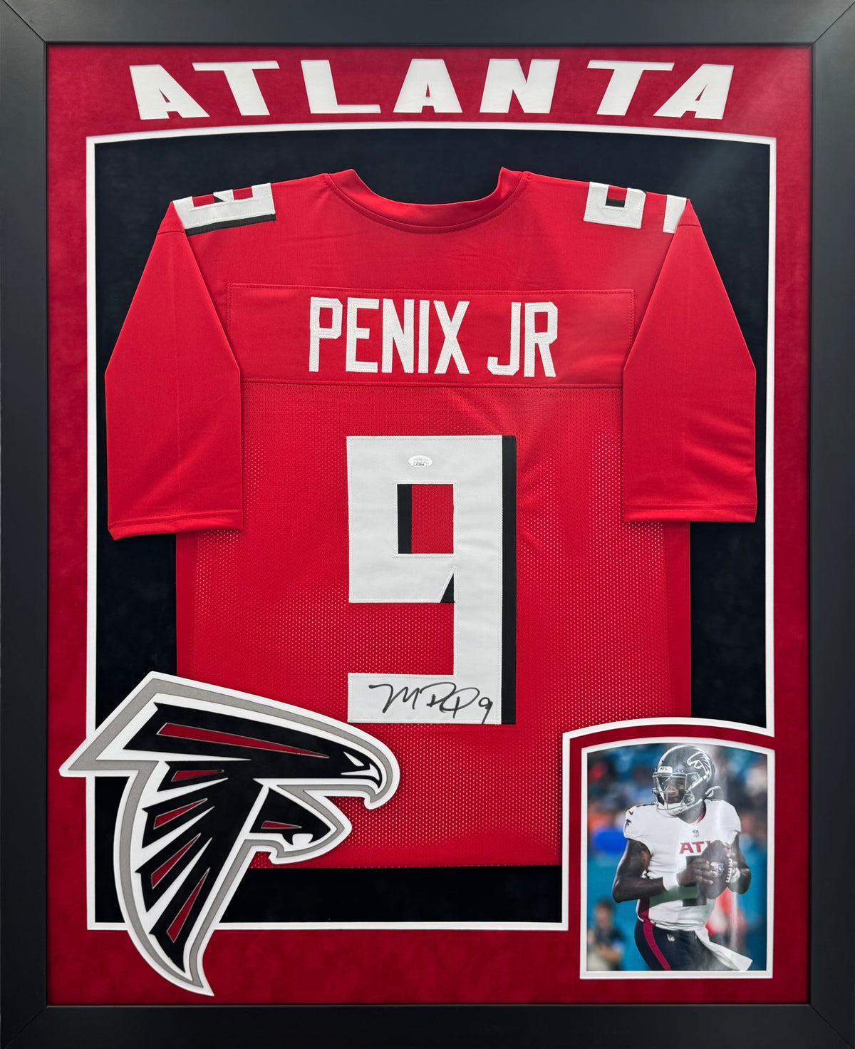 Atlanta Falcons Michael Penix Jr. Hand Signed Autographed Custom Red Jersey Framed with Suede Matting, XL 3D Logo, & Cutout Lettering Includes JSA COA