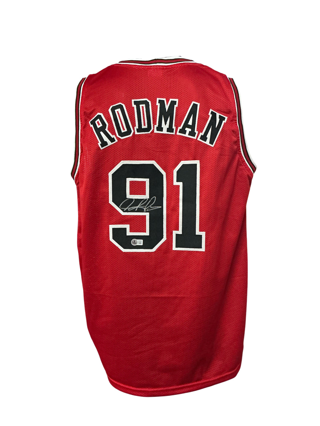 Chicago Bulls Dennis Rodman Hand Signed Autographed Custom Red Jersey BECKETT COA