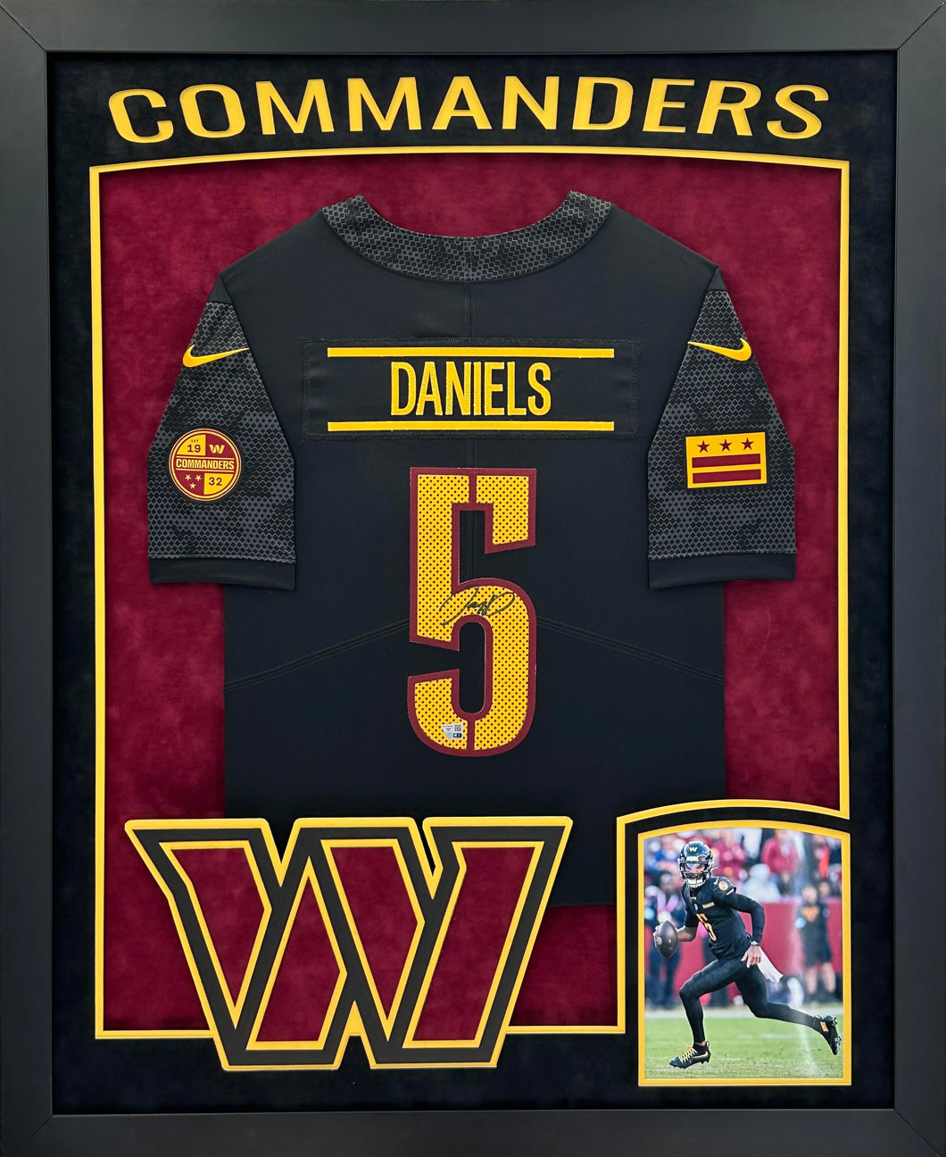 Washington Commanders Jayden Daniels Hand Signed Autographed Authentic Black Jersey Framed and Double Suede Matted with XL 3D Logo & Team Name Cutout FANATICS COA