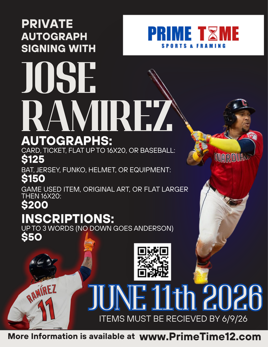 Mail-in or Drop off for Jose Ramirez Private Autograph Signing on 1 Card, Ticket, Flat up to 16x20, or Baseball