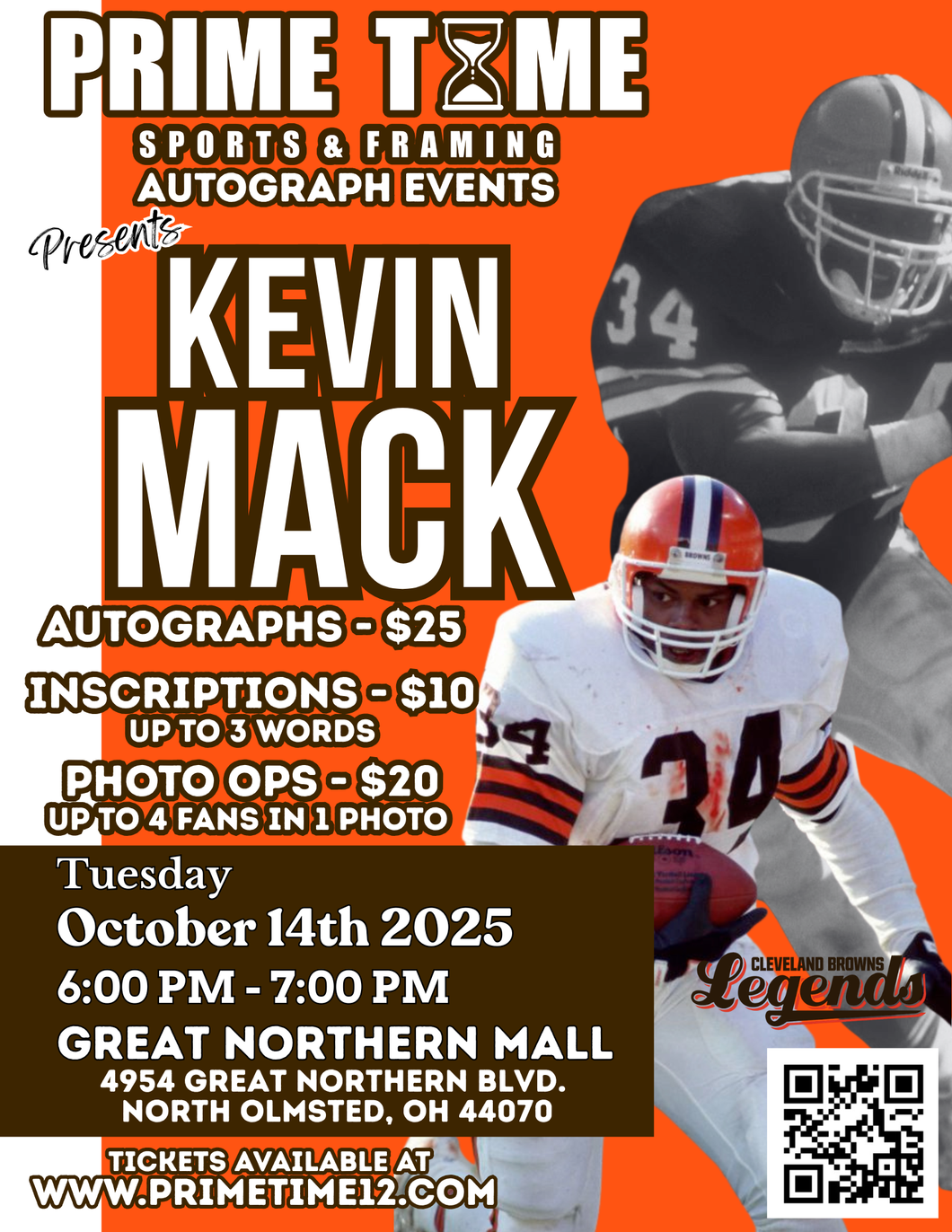 Kevin Mack 10/14/25 at Great Northern Mall Pre-Sale ticket for PHOTO OP to have your photo taken (up to 4 people at once) with the player