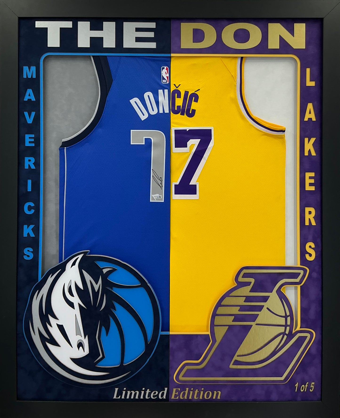Dallas Mavericks  & Los Angeles Lakers Luka Doncic Hand Signed Autographed Authentic Split Jersey Framed Double Suede Matted with FANATICS COA