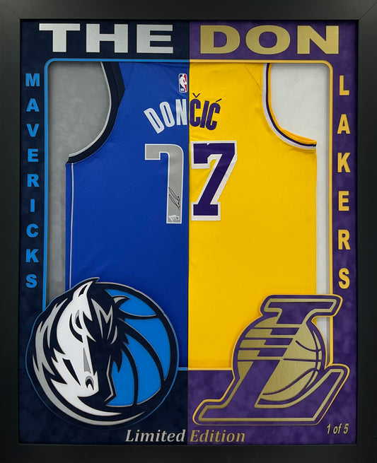 Dallas Mavericks  & Los Angeles Lakers Luka Doncic Hand Signed Autographed Authentic Split Jersey Framed Double Suede Matted with FANATICS COA