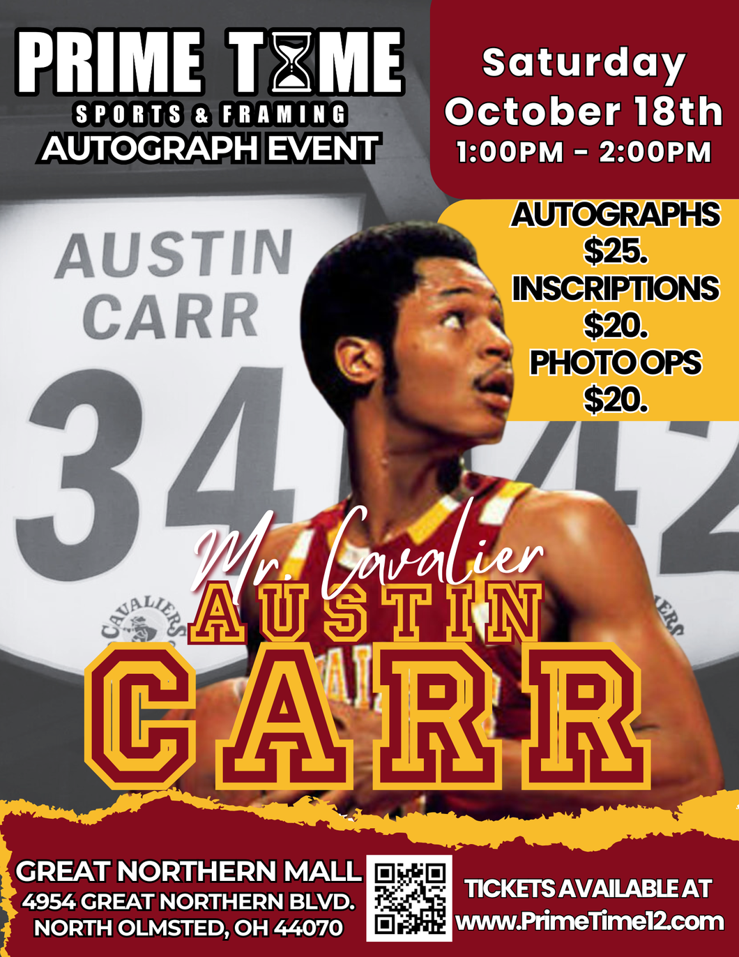 Austin Carr Cleveland Cavaliers Legend 10/18/25 at Great Northern Mall Pre-Sale ticket for autograph signing on any 1 ITEM