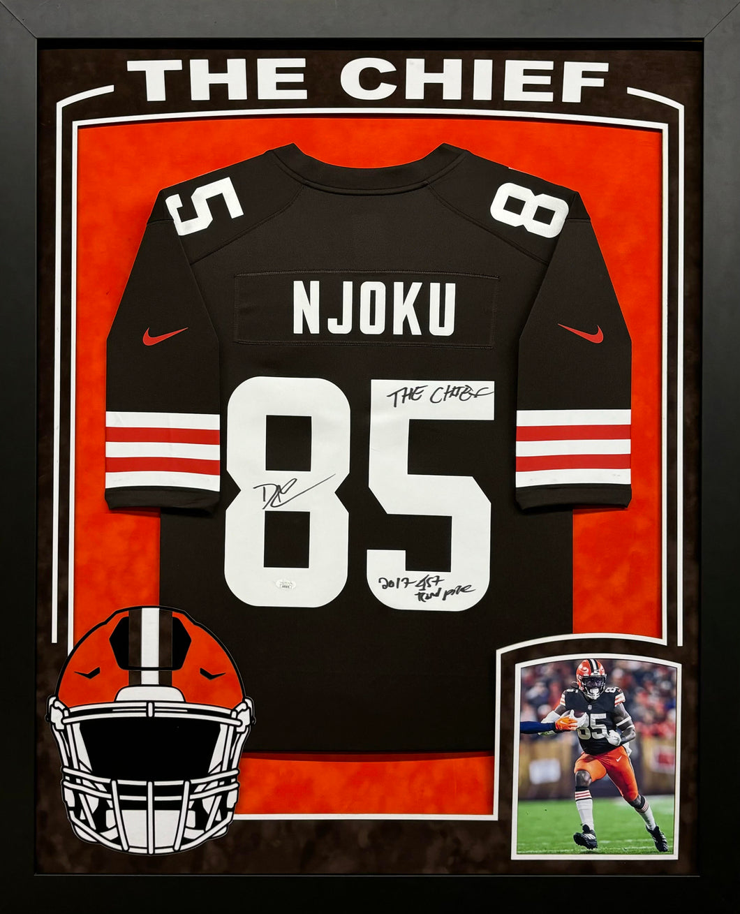 Cleveland Browns David Njoku Hand Signed Autographed Nike Authentic Brown Jersey Framed & Double Suede Matted with XL 3D Logo & Team Name Cutout JSA COA