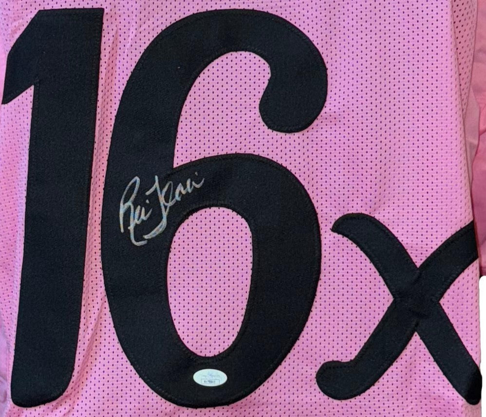 Ric Frame Hand Sign Ric Flair Hand Signed Autographed Custom Pink Jersey with Famous Quote ...