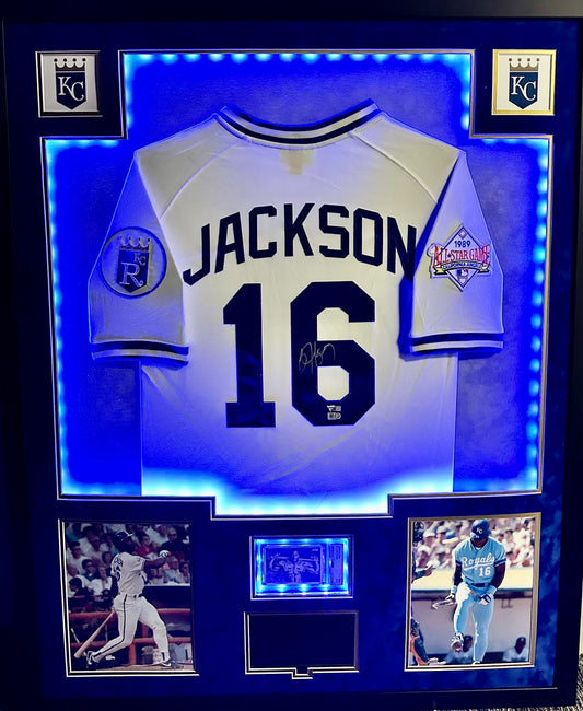 Kansas City Royals Bo Jackson Hand Signed Autographed 1989 All-Star Authentic White Game Jersey Custom LED & VIDEO Framed & Suede Matted with FANATICS Authentic COA & PSA COA Includes Bo Knows Bat on Shoulder Pads PSA Graded Card