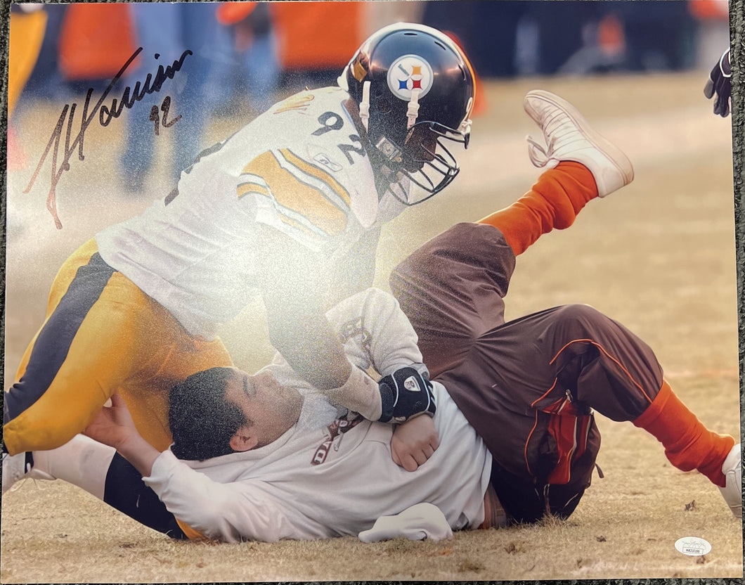 Pittsburgh Steelers James Harrison Tackling Browns Fan Signed 16x20 Photo with JSA COA