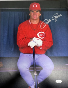 Cincinnati Reds Pete Rose Sitting in Dugout Signed 11x14 Photo with JSA COA