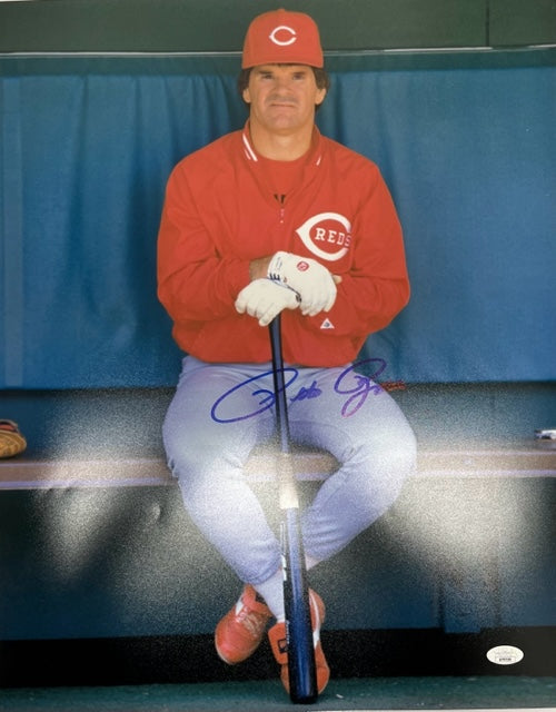 Cincinnati Reds Pete Rose Sitting in Dugout 16x20 Photo with JSA COA