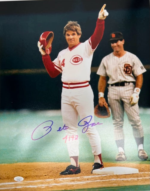 Cincinnati Reds Pete Rose on Base Pointing 16x20 Signed Photo with 4192 Inscription JSA COA