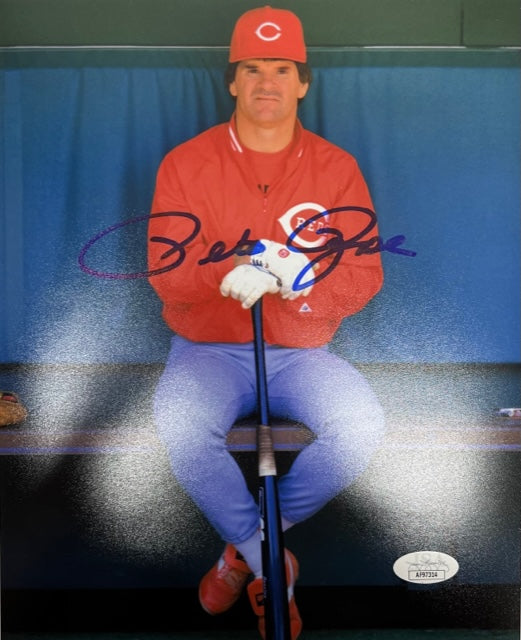 Cincinnati Reds Pete Rose Sitting in Dugout Signed 8x10 Photo with JSA COA