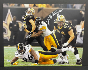 Pittsburgh Steelers James Harrison Crushing Drew Brees Signed 16x20 Photo with Beckett COA