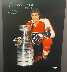 Dave "The Hammer" Schultz Philadelphia Flyers Signed 16x20 Photo w/ Stanley Cup & "74 & 75 S.C. Champs" Inscription