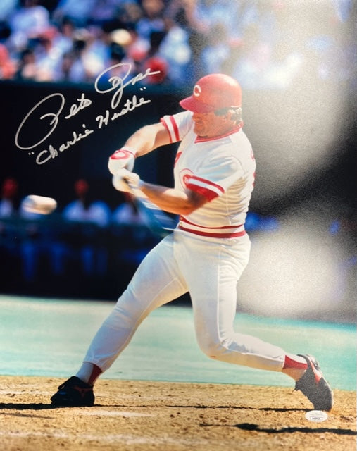 Cincinnati Reds Pete Rose Swinging Bat Signed 16x20 Photo with Charlie Hustle Inscription & JSA COA
