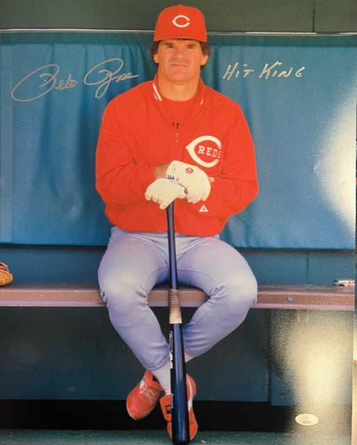 Cincinnati Reds Pete Rose Sitting in Dugout 16x20 Signed Photo with Hit King Inscription & JSA COA