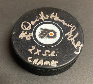 Dave "The Hammer" Schultz- 8 Philadelphia Flyers Signed Puck w/ "2x S.C. CHAMPS" Inscription JSA COA
